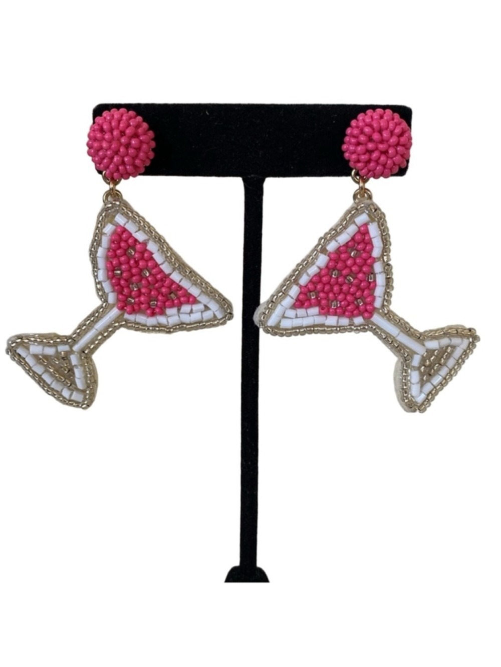 J. Crew Martini Glass Beaded Statement Earrings Pink Gold NEW - Picture 5 of 7